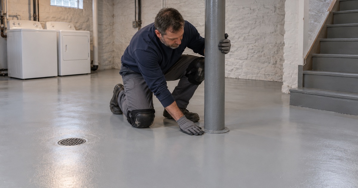 A coated basement floor in a Kenosha bungalow, the coating carried neatly around the steel support column.