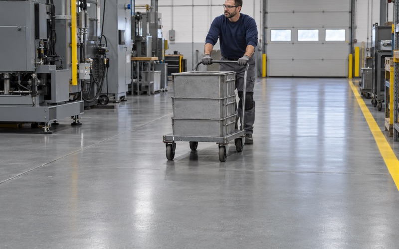 A loaded cart rolled across a new coated assembly floor in a Kenosha industrial building.