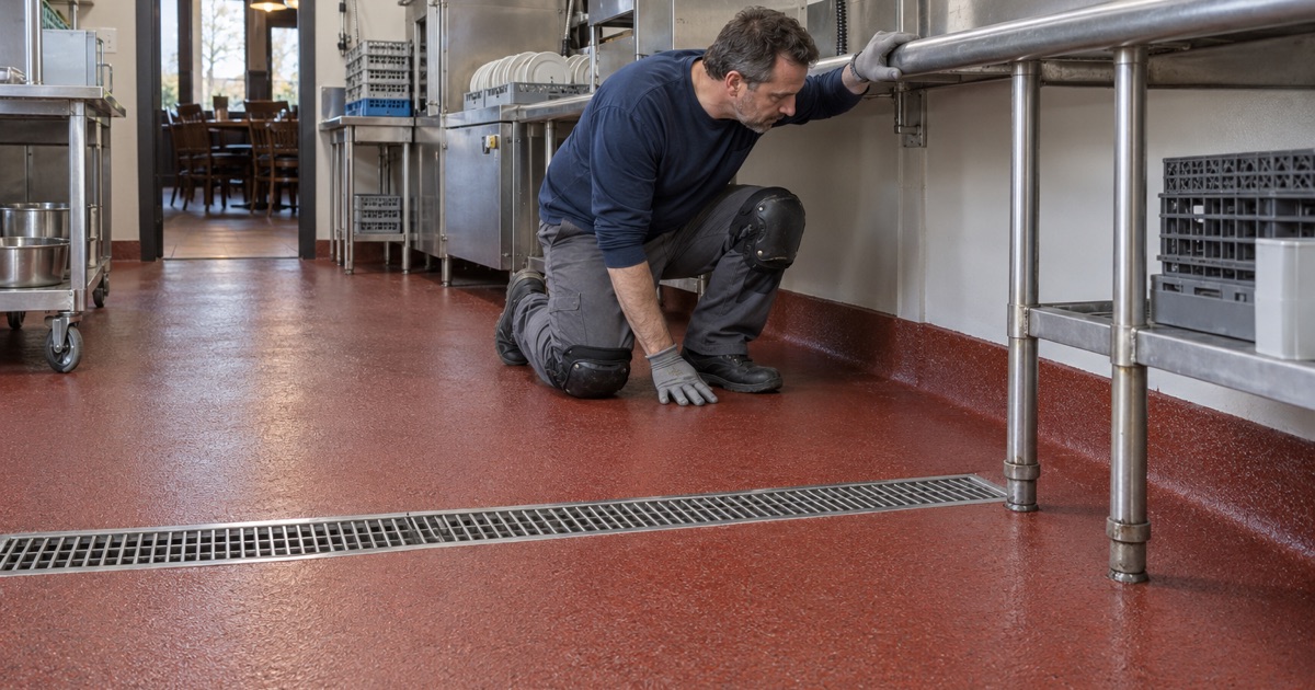 A red quartz urethane cement floor with a coved base and trench drain in the dish area of a Kenosha restaurant kitchen.