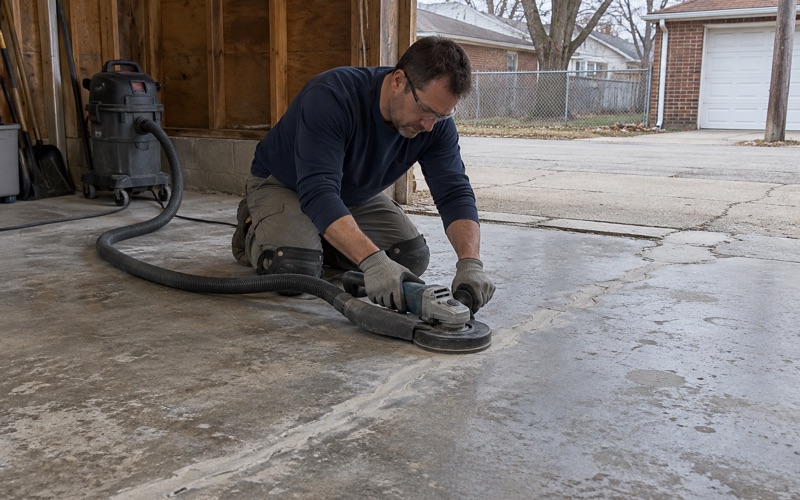 A cured crack repair ground flush on an old Kenosha garage slab before coating.