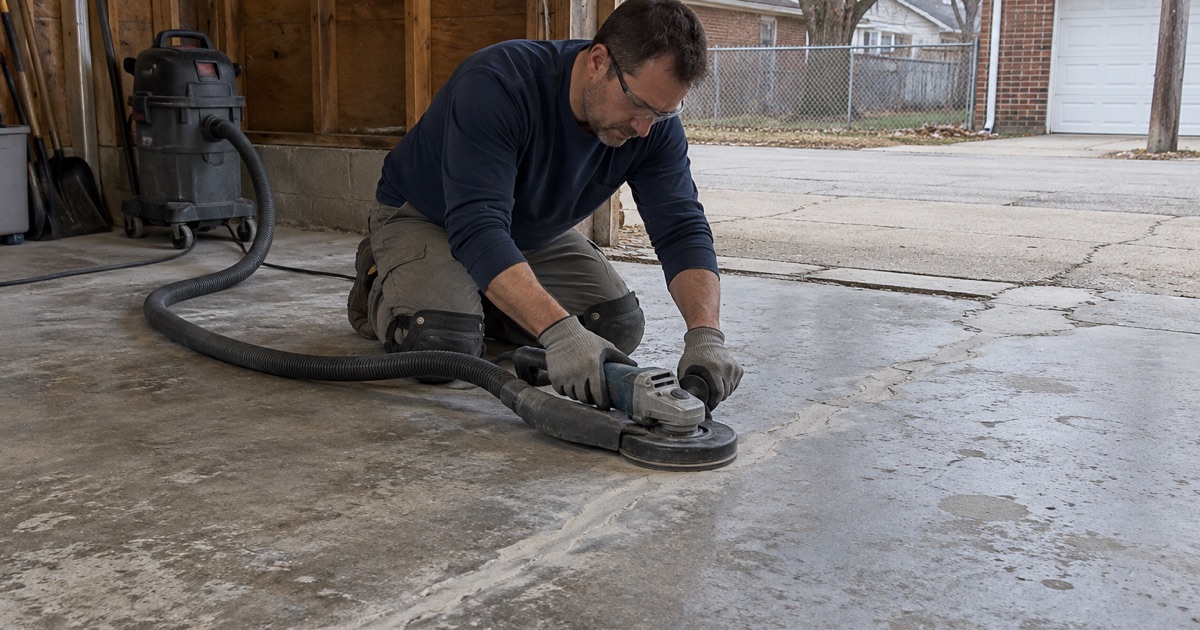 A cured crack repair ground flush on an old Kenosha garage slab before coating.