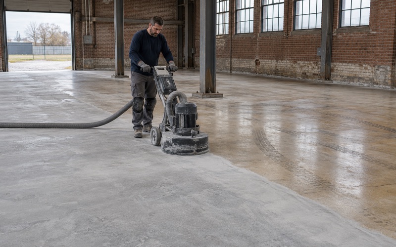 A walk-behind planetary grinder opening up an old sealed slab in a Kenosha industrial building, half the floor already ground.