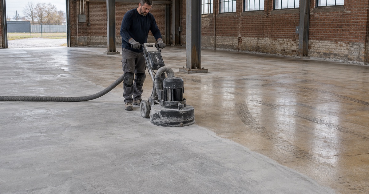 A walk-behind planetary grinder opening up an old sealed slab in a Kenosha industrial building, half the floor already ground.