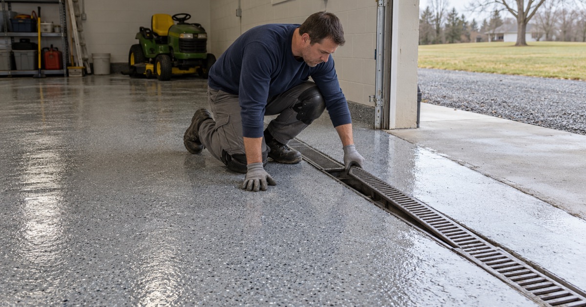 A coated Beach Park shop floor rinsed toward its trench drain