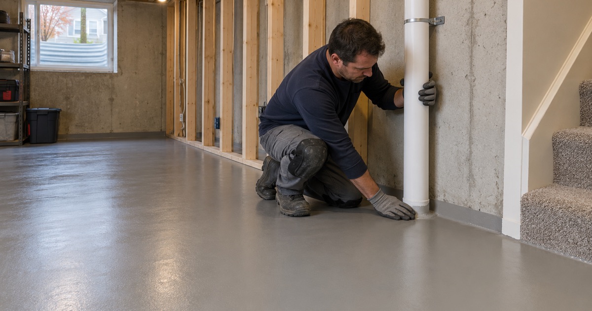 A basement floor coating sealed around a radon riser in a Bristol home