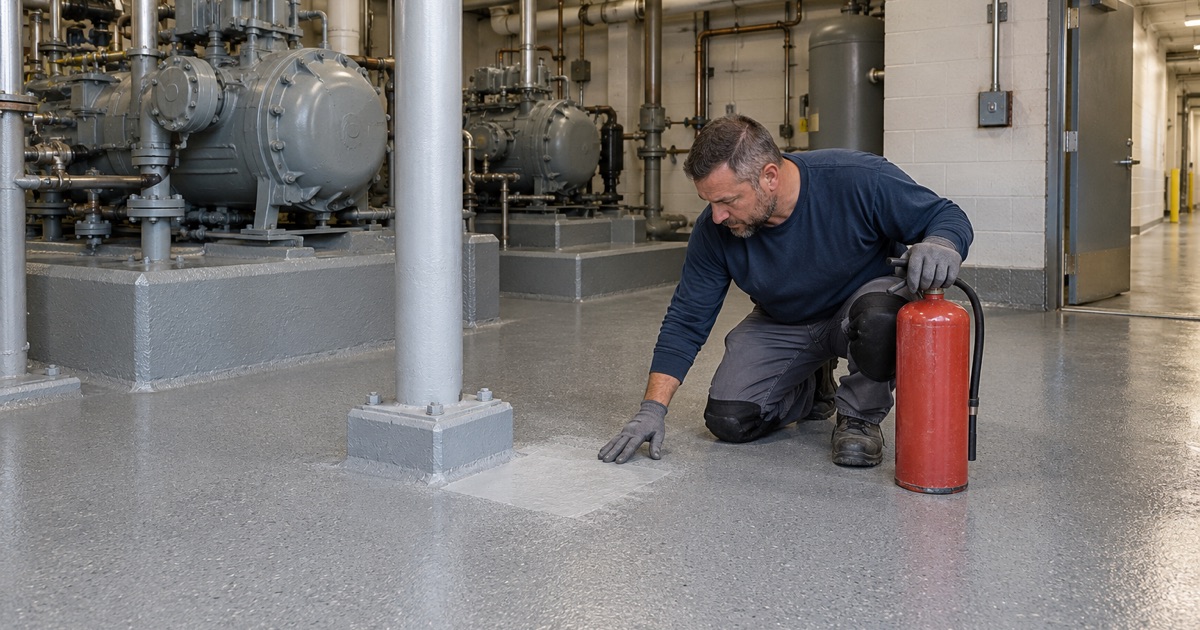 A floor crew’s fire watch in the ammonia engine room of a Burlington food plant, the coating finished around the compressor pads.