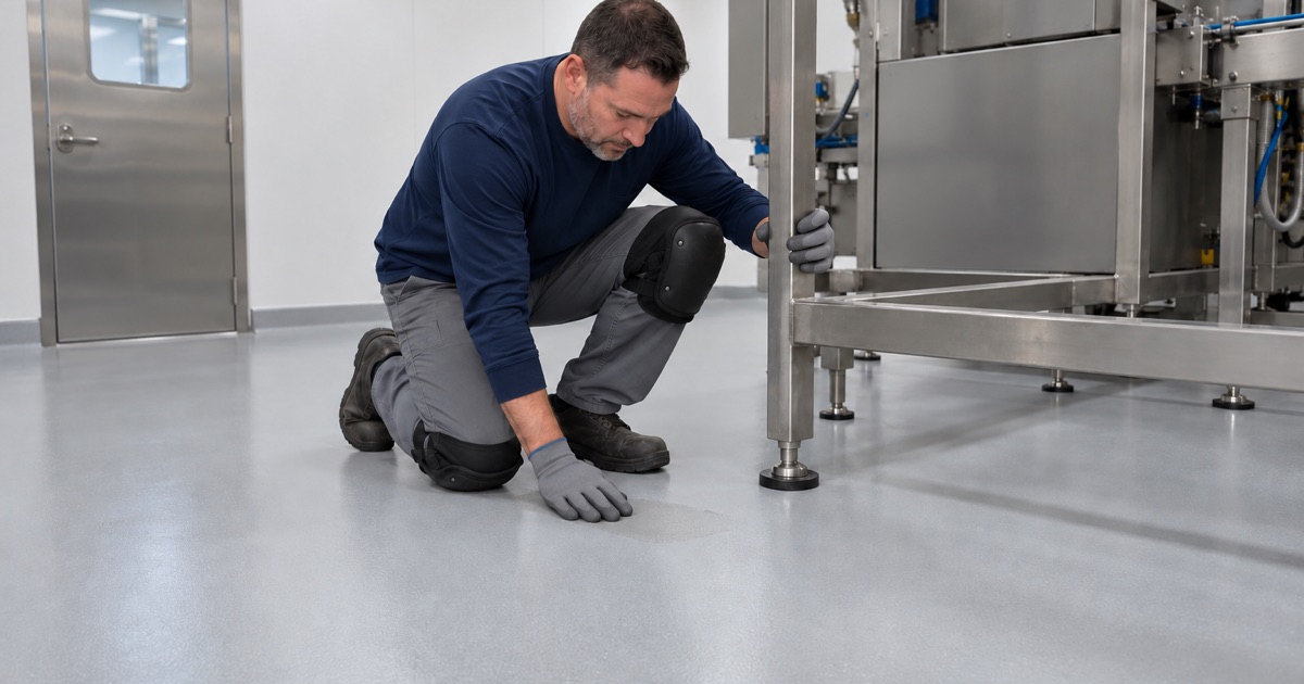 A seamless coved production floor in a Caledonia plant, a repaired spot checked beside a machine
