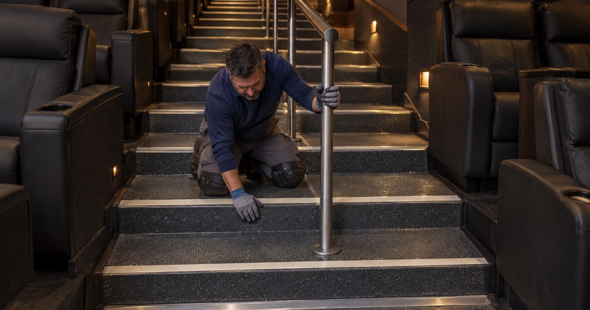 Contrasting stripes at every tread nosing on a coated stepped aisle in a Fox Lake movie theater.
