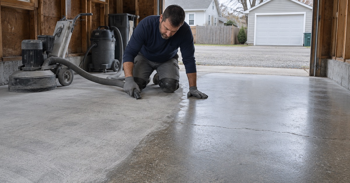 A small Greendale detached garage slab being ground open, a crack across it checked before coating