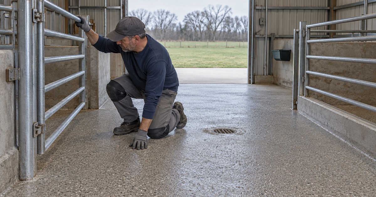 A textured coated floor inside the small steel goat barn at Lake Forest’s city farm, sloped to a drain for hose-down cleaning.