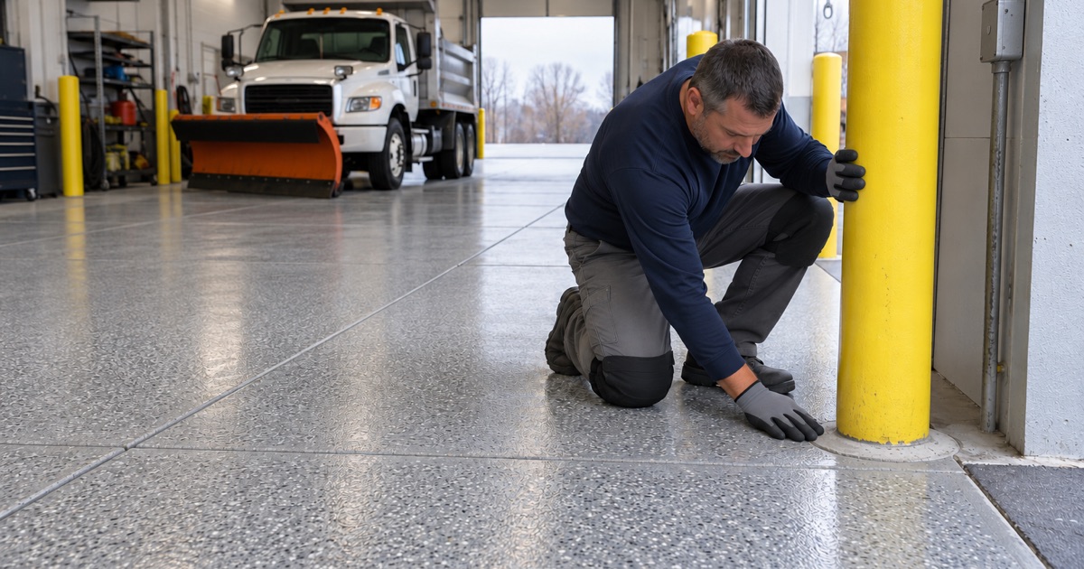 A new chip floor with a clear top coat in a Lake Zurich public works vehicle garage, finished up to the bay bollards.