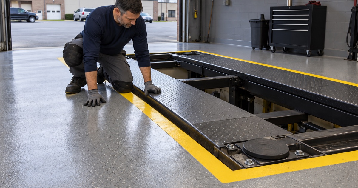 A coated service bay floor with a yellow-edged rack pit at a Lindenhurst service department