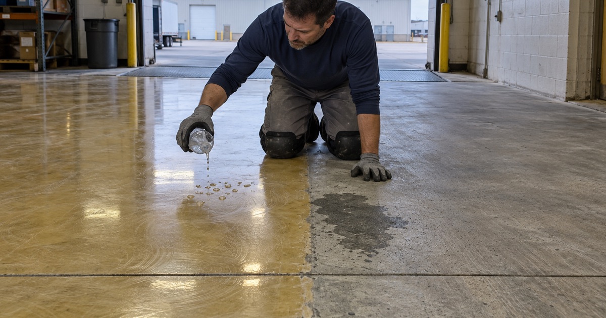 Water beading on an old waxed plant floor in Mount Pleasant, next to a strip already ground open for coating.