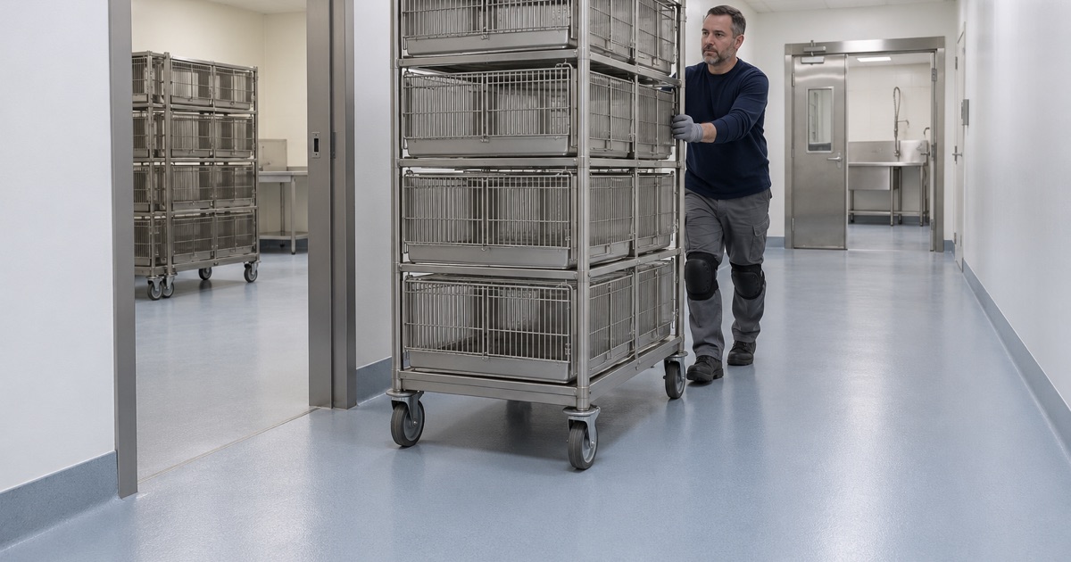 A seamless coved resin floor in a North Chicago research animal facility corridor, a stainless cage rack rolled across it.
