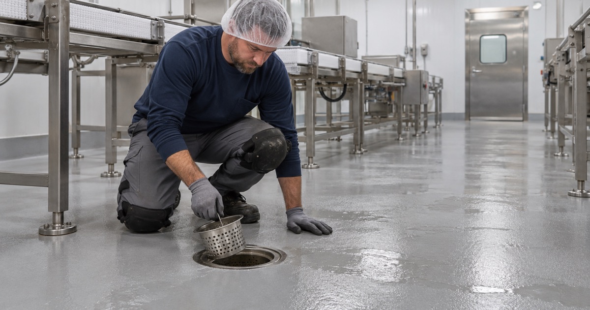A coved, drained processing floor in a Pleasant Prairie candy plant, checked at the drain after washdown.