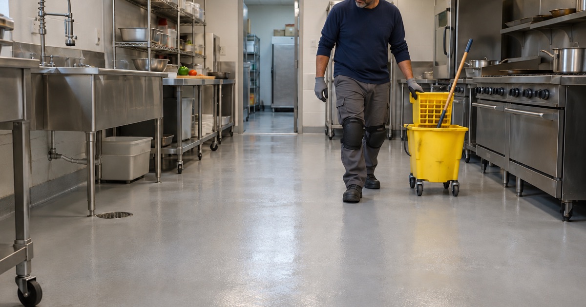 A smooth light-colored coved kitchen floor in a Racine restaurant, mopped down and ready for the health inspector.