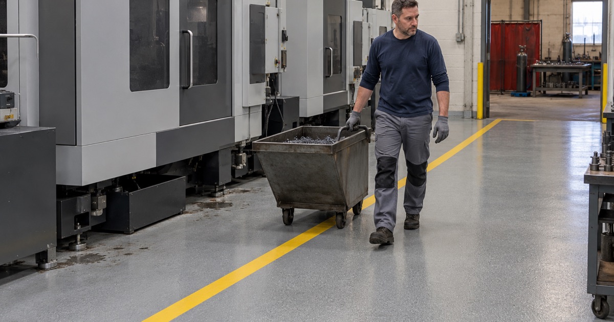 A textured, coolant-resistant aisle in front of CNC machines in a Sturtevant machine shop.