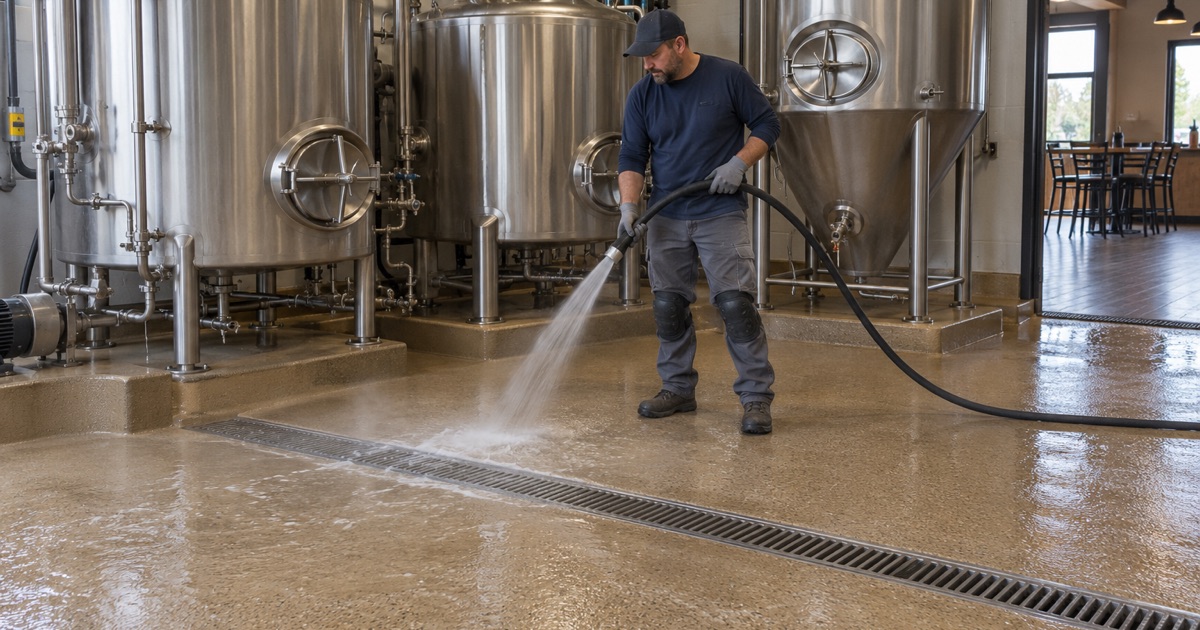 Hot rinse water steaming across a urethane cement brewhouse floor to the trench drain in Union Grove.