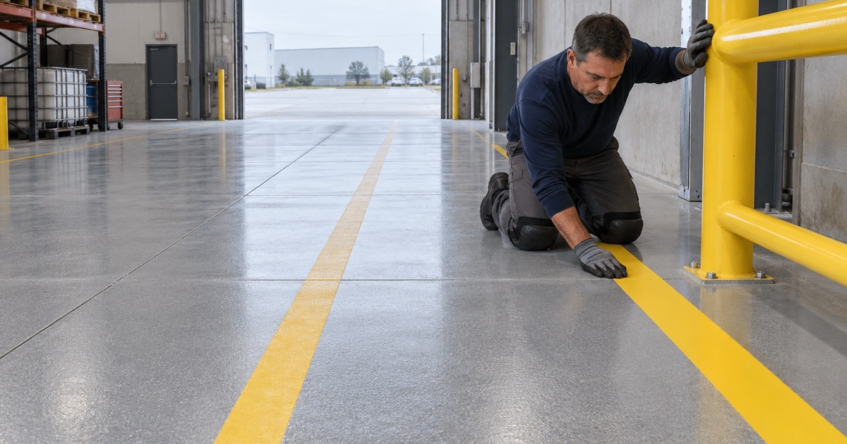 Yellow lane lines laid on a newly coated Wauconda warehouse floor