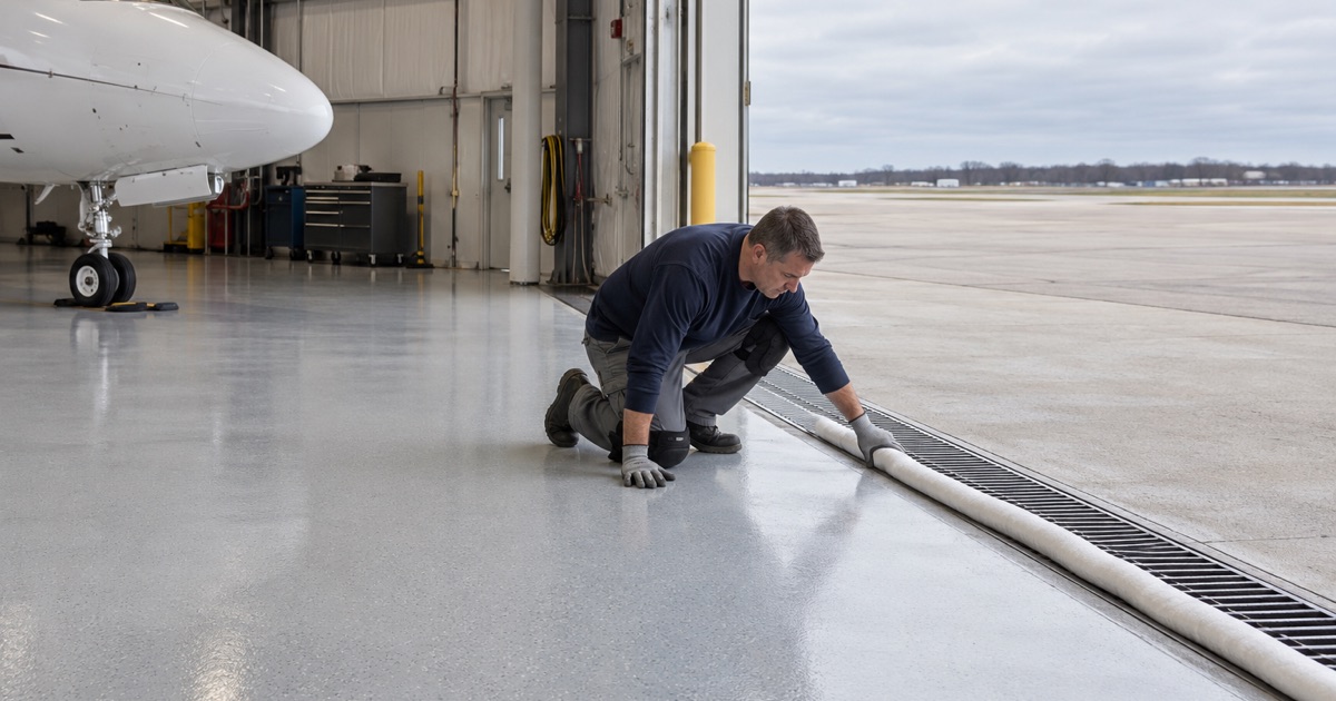 A hangar floor at Waukegan’s airport pitched to a trench drain across the door opening, an absorbent boom laid along the grate.