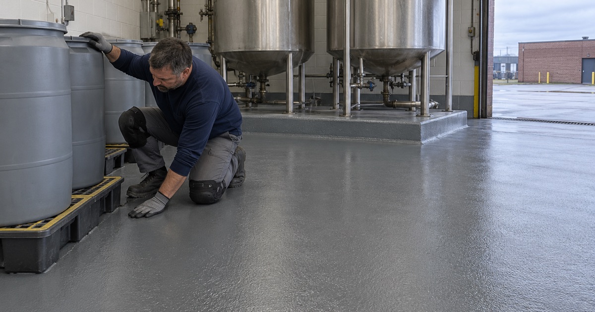 A chemical-resistant coated floor in a Zion blending plant, drums standing on spill pallets along the wall.