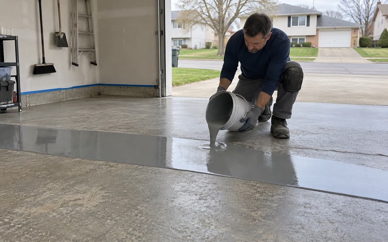 A ribbon of gray epoxy base coat poured onto a ground garage slab in a Kenosha split-level, ready to be spread.