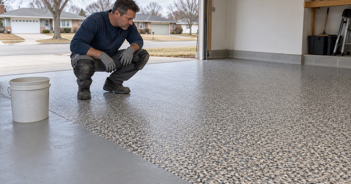A full-broadcast flake floor inspected at its working edge in a Kenosha ranch garage.