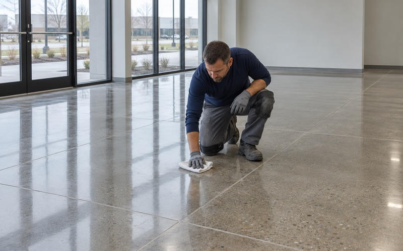 A final buff on a polished concrete floor in a new Kenosha office and lab building.