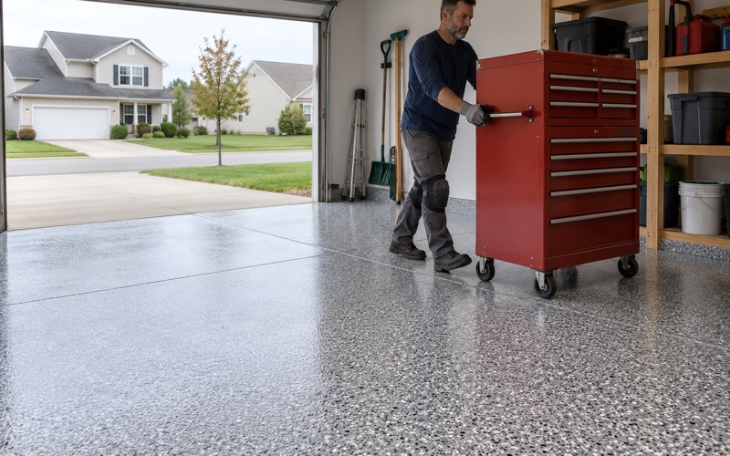 A rolling tool chest wheeled back onto a same-day polyaspartic garage floor in a Kenosha subdivision.