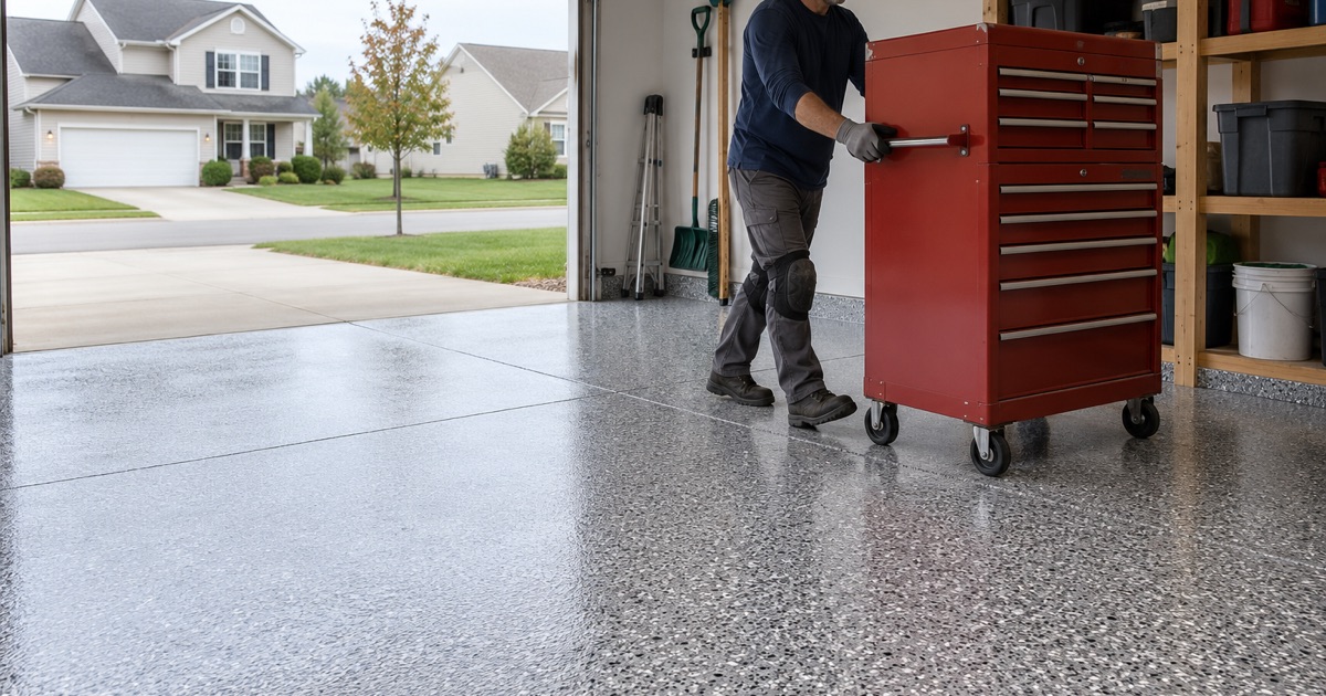 A rolling tool chest wheeled back onto a same-day polyaspartic garage floor in a Kenosha subdivision.